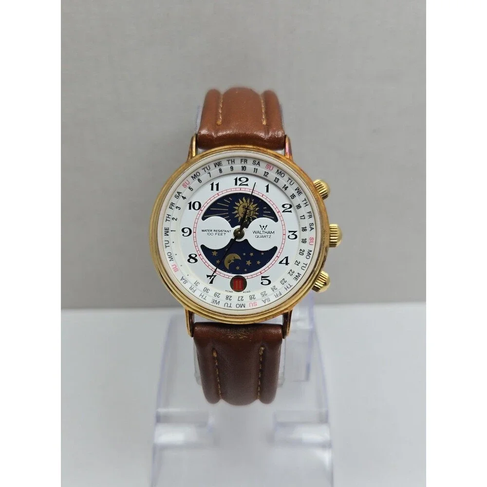 Waltham XF9020B Vintage Mens Sun Moon Calendar Goldtone Quartz Watch New Battery
